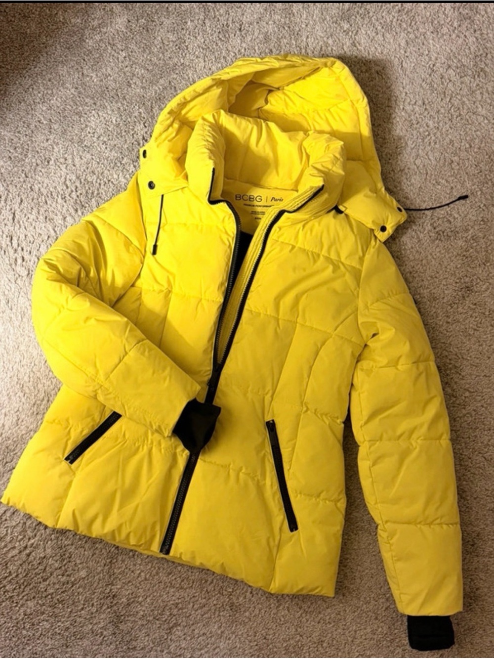 BCBG Bright Yellow Quilted Puffer Jacket with Hood